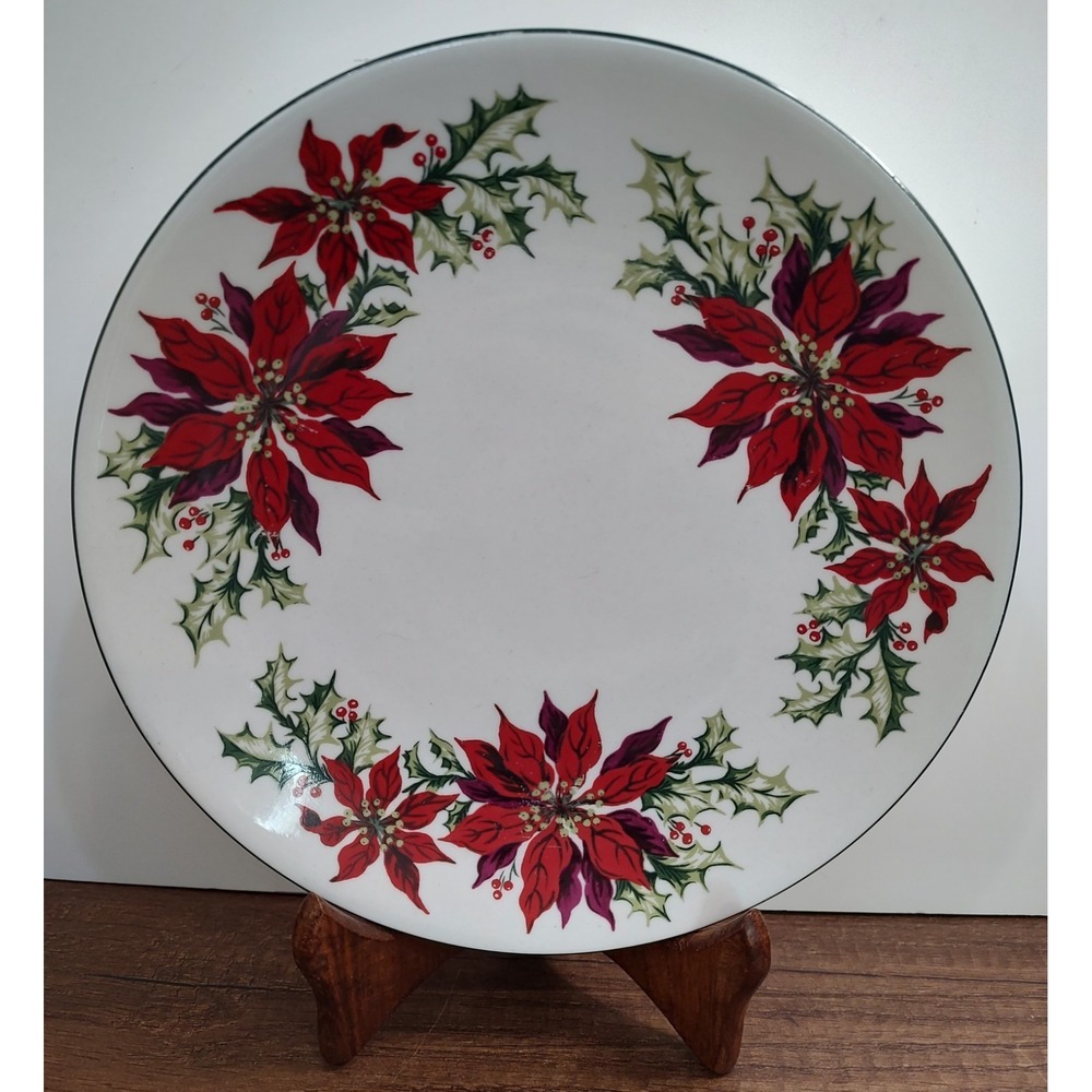 Totally Today Christmas 10" Dinner Plates Holly Poinsettia Set of 2